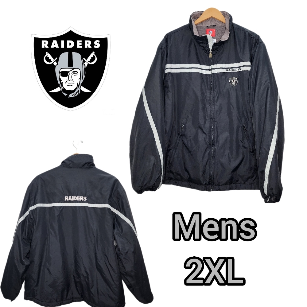 NFL OAKLAND RAIDERS Mens Vintage Black & Silver Windbreaker Jacket - XXL - Picture 1 of 9